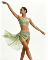 Costume de danse contemporaine lyrique Anna Shi, haut court orné de strass floraux, jupe asymétrique en maille pour compétition scénique