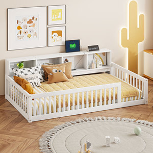 White Childrens Bed With <b>Storage</b> Shelf And Safety Rails For Bedroom <b>Kids</b> Furniture - Product Image 1