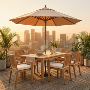 Outdoor Teak Garden Table Set with 6-<b>Person</b> Dining Chairs and <b>Cushions</b> Transitional Design for Yard and Deck - Product Image 3