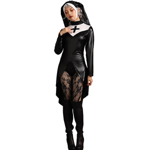 Stock disponibile Black PU Nun Costume <span class=keywords><strong>Sexy</strong></span> costumi di Halloween chiesa vestito Cosplay religioso - Product Image 1