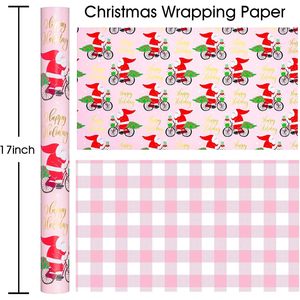 Papel de regalo navideño rosa con diseño divertido de Papá Noel en bicicleta, patrón reversible a cuadros, 17 pulgadas x 32.8 pies, para manualidades navideñas - Product Image 5