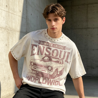 T-shirt Homme Court Vintage Délavé Personnalisé avec Imprimé Graphique et Col et Manches Ornés de Strass – Style Oversize Streetwear Décontracté
