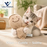Jouet à mâcher pour chat en forme de racine de lotus, en tissu pelucheux beige crème, avec visage brodé, cordons en forme de racine, infusé à la catnip, 40g
