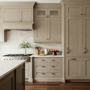 BALOM Armoire de cuisine grise de luxe française personnalisée Style néoclassique Armoire personnalisée avec plan de travail en marbre et <span class=keywords><strong>quincaillerie</strong></span> en laiton - Product Image 1