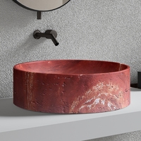 Lavabo de salle de bain rond en pierre artificielle de style américain rétro, en travertin rouge, avec comptoir personnalisé