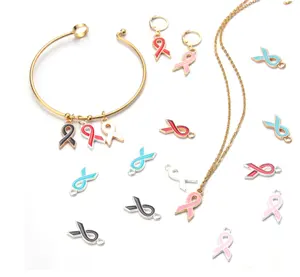 彩色搪瓷乳腺癌意识魅力粉红色丝带金属魅力标签项链手镯DIY珠宝制作