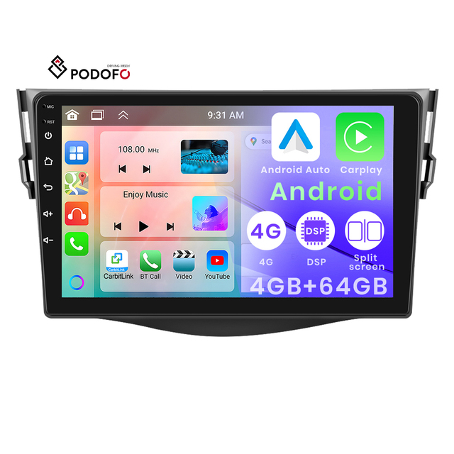 Podofo 9 Inch 2 Din Android Car Radio 4+64G Wireless Carplay Android Auto for Toyota RAV4 2007-2011 GPS RDS WIFI Customization