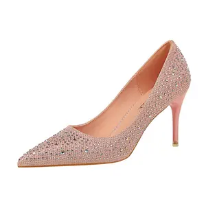 Sexy Dames Strass Kristal Hoge Hakken Pompen Enkele Dress Puntschoen Vrouw Bruiloft Hoge Hakken Bling Bruids Schoenen