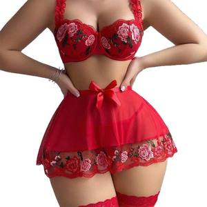 New Style Wholesale Red Embroidery Perspective Seductive Underwear Set Silk <b>Stockings</b> Three-Piece Lingerie - Product Image 1