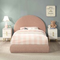 Lit rembourré rose premium pour enfants avec coins arrondis et support en lattes de bois stable