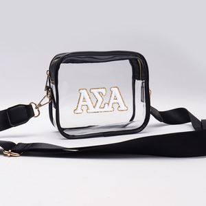 Sac bandoulière étanche en PVC noir avec fermeture éclair pour événements sportifs hivernaux, style féminin, personnalisé, pour concerts et stades (Alpha Sigma grec), portable - Product Image 1