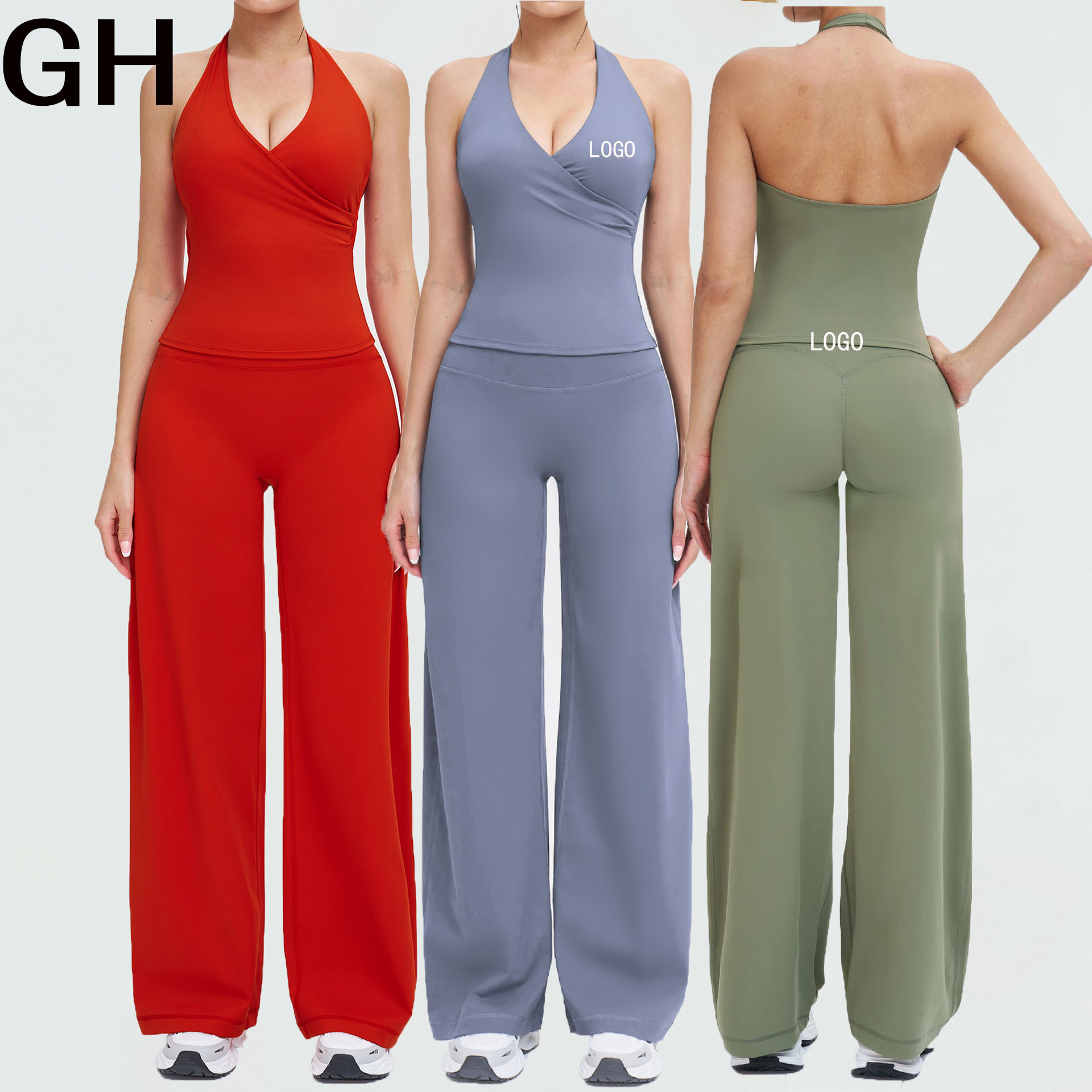 GH New Design Active Wear Women Sports Halter Tank Top Running Workout Wide Leg Pants Two Piece Flare Leggings Yoga Sets