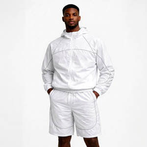 Wholesale <b>Men</b>’s <b>White</b> Contrastline Lightweight Windbreaker Jacket And <b>Shorts</b> Set Hooded Zip Up Sportswear Tracksuit For <b>Men's</b> - Product Image 1