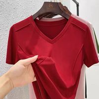 T-shirt d'été côtelé à manches courtes, col en V, couleur unie, coupe droite, mignon et très vendu, disponible en OEM/ODM, directement de l'usine