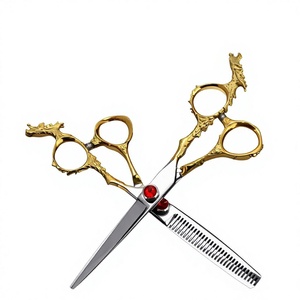 Tijeras Profesionales para Cabello, Acero Inoxidable, Hoja Afilada, Tijeras de Entresacar, para Diestros, Mango Largo, Acabado Dorado, Rojo, Reutilizables - Product Image 5
