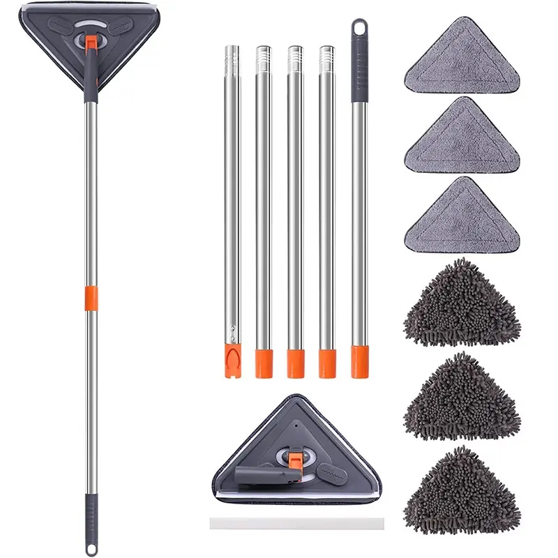 Cleaning Household Telescopic Window Floor Wall Cleaner Microfibre Triangle Mop Plastic Chenille with 3 Mopheads Packaging