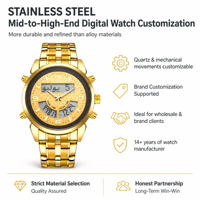 Jam Tangan Muslim Arab Analog-digital LED Emas Stainless Steel Mewah Berkualitas Tinggi untuk Pria