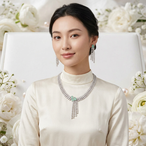 Luxury Brass <b>Silver</b> Plated Mint Green Cubic Zirconia <b>Choker</b> Necklace Dangle Earring Bridal Jewelry Set For Women - Product Image 3