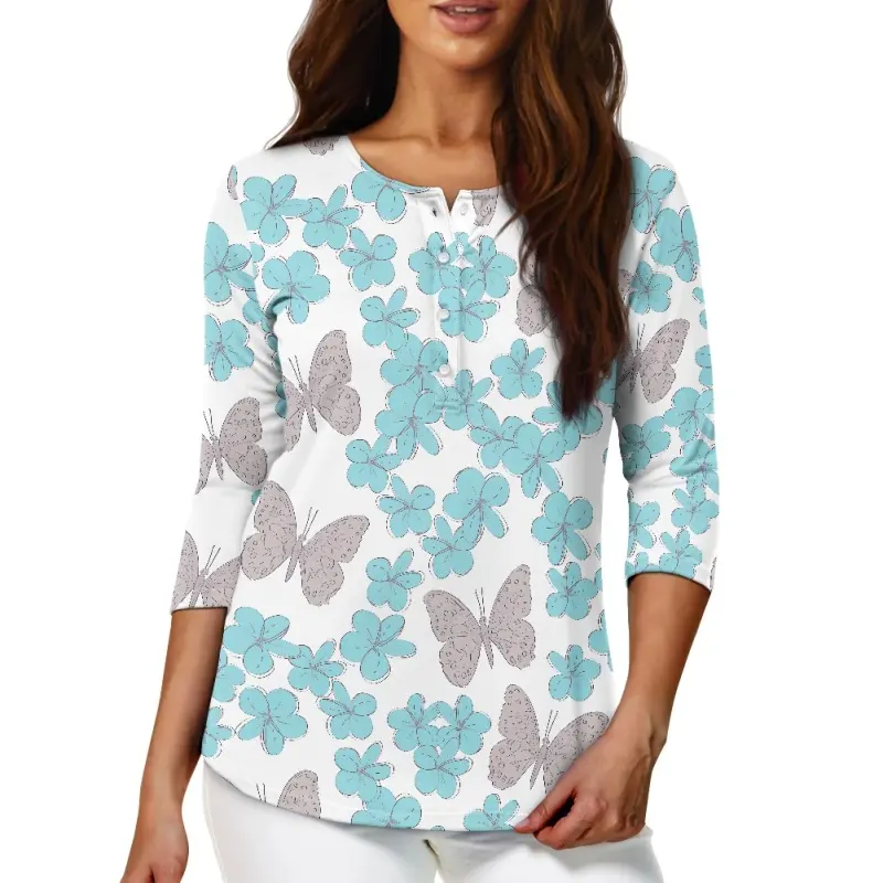 Últimas elegante personalizado Plumeria mariposa mujer 3/4 manga Henley Tops pulóver con botones abajo Casual Slim Fit cuello en V túnicas