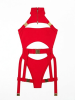 Baju Monokini Seksi Grosir Model Cutout untuk Karnaval, Kerah Tinggi dengan Ritsleting, Bodysuit Satu Potong dengan Tali Garter Berbahan Metal, Logo Kustom OEM