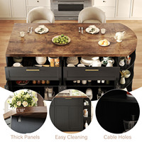 Meuble de cuisine rustique en noyer avec tiroirs de rangement, étagères ouvertes courbées, portes d'armoire noires, buffet autoportant