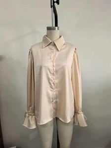 Blus Satin Kerah Notch Lengan Panjang Puff Warna Polos Trendi Baru Ukuran S-2XL untuk Wanita - Product Image 5