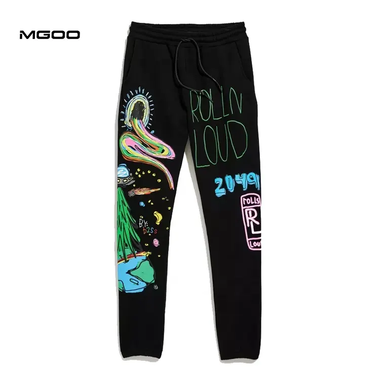 MGOO siyah ekran baskı logo jogger özel tasarım unisex sweatpants