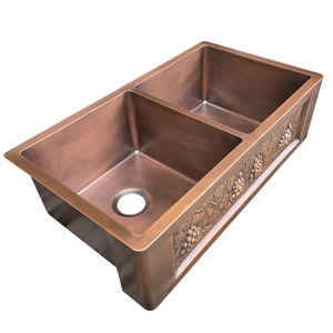 Évier de <span class=keywords><strong>cuisine</strong></span> de luxe <span class=keywords><strong>90</strong></span> <span class=keywords><strong>cm</strong></span> en cuivre finition antique, fait main, couleur café clair, double bac, installation à encastrer, deux compartiments - Product Image 6