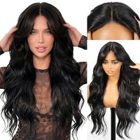 Perruque Lace Front Noire, Facile à Poser pour Débutantes, Partie en T, Sans Colle, Longue, Bouclée, Ondulée, avec Frange, pour Femmes, Cosplay, Usage Quotidien, Chine, 28IN # 1B)