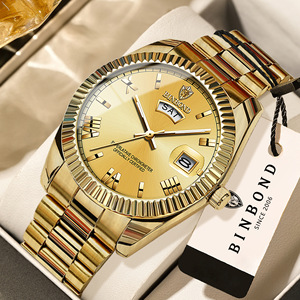 Binbond Men's Quartz Watch Gold Stainless Steel Band Date Display Water Resistant 30M Analog Dial Business Wristwatch - Product Image 1