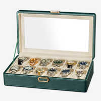 Boîte de présentation pour 12 montres en cuir grain litchi avec couvercle en verre, doublure en peluche et quincaillerie dorée/argentée – Vente en gros