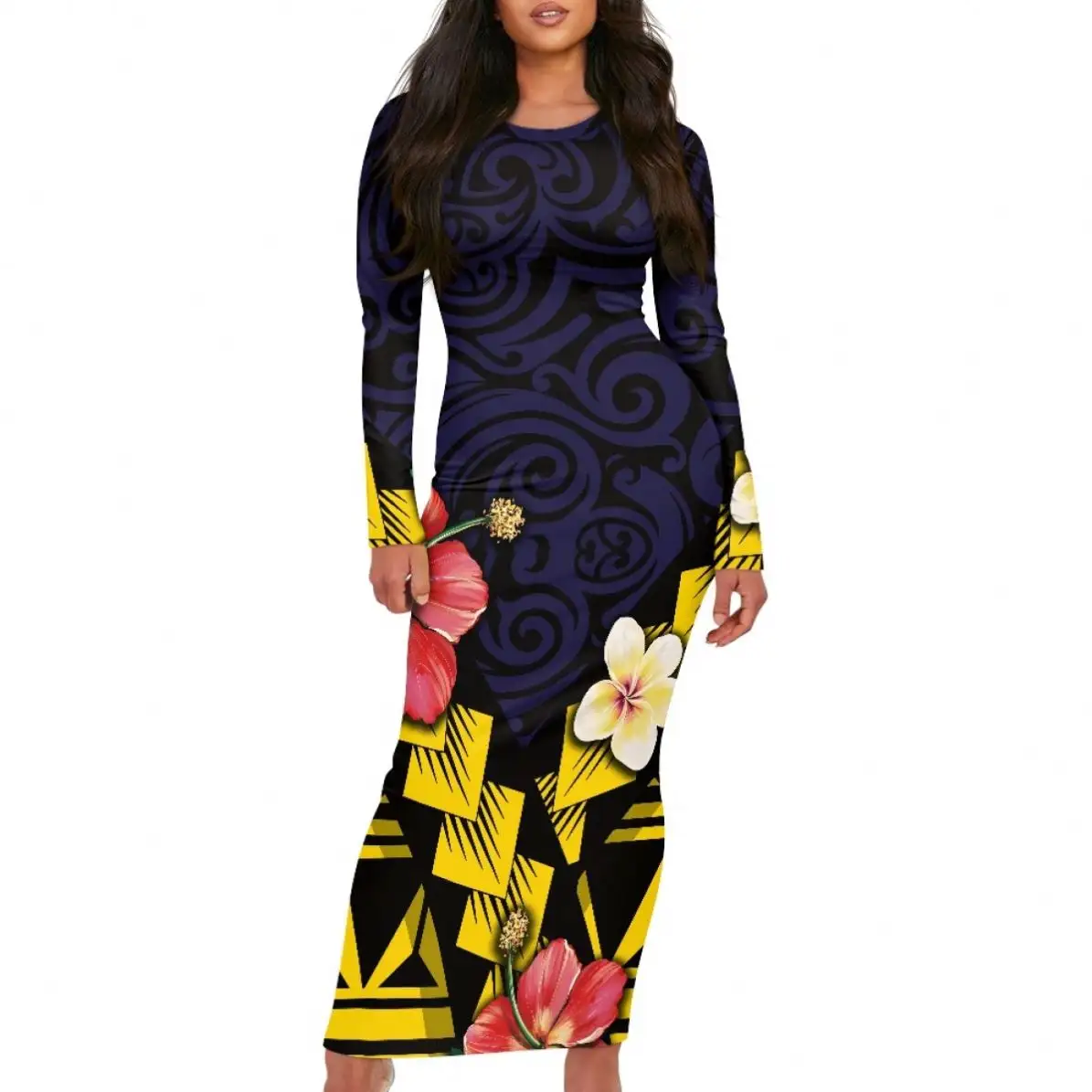 ドロップシッピング服部族スタイル長袖女性ドレス新しいデザイン高品質ポリネシアドレスパシフィックアイランドパターン