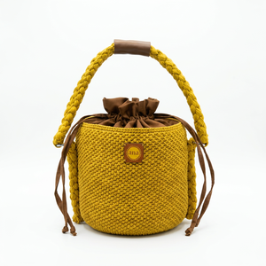 Ana Crochet Bucket <b>Bag</b> Women Bohemian Drawstring Handbag Yellow Cotton Lining Single <b>Strap</b> Durable Daily Use - Product Image 1