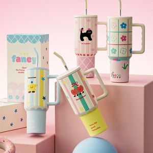 <b>Macaron</b>-colored Large-capacity Stainless Steel Car Cup with Drinking Straw and Water Bottle - Product Image 1