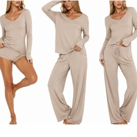 Ensemble de pyjama de luxe pour femmes en coton bambou modal personnalisé solide, doux et respirant, vêtements de détente en deux pièces avec fermeture à cordon, vêtements de nuit