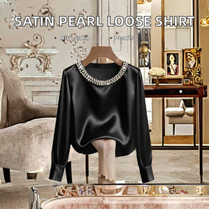 Blusa Elegante de Manga Larga para Mujer, Cuello Redondo, Satén, Color Sólido, Transpirable, con Perlas, Corte Regular - Product Image 2
