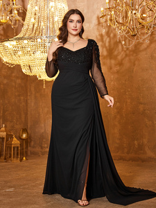 Nuovi Arrivi: Abito da Sera Lungo Nero <span class=keywords><strong>con</strong></span> Paillettes a Forma di Diamante, Pannello in Rete Ricamato, Maniche Lunghe, Scollo a Cuore e <span class=keywords><strong>Spacco</strong></span> Alto - Product Image 4