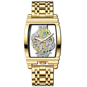 BINBOND 5011 Fashion Square Hollow orologi al quarzo da uomo in vera pelle cinturino in acciaio Sport orologio da uomo luminoso impermeabile in oro
