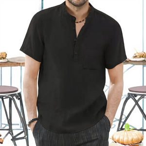 Camisa de Cuello Alto Moderna para Hombre 2026, Informal, Transfronteriza, de Poliéster/Algodón, Tejida, de Manga Corta, Color Sólido, Corte Holgado, para Verano - Product Image 3