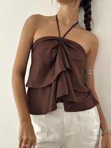 Chemise pour <span class=keywords><strong>femme</strong></span> à col halter, à volants, style européen et américain, à <span class=keywords><strong>décolleté</strong></span> <span class=keywords><strong>plongeant</strong></span>, sexy et audacieuse - Product Image 1