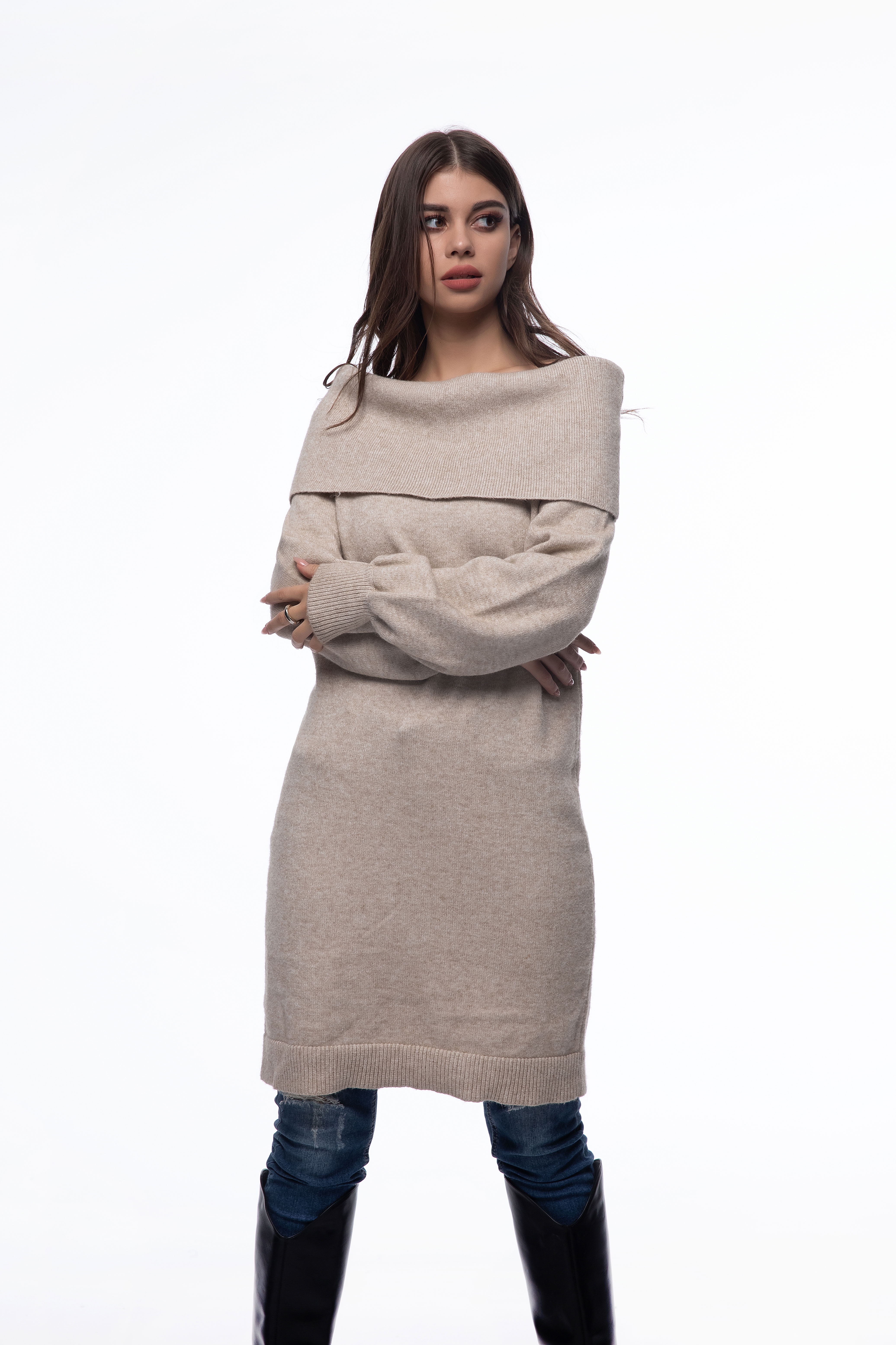 顶级时尚新款式双层船领长针织毛衣连衣裙女装