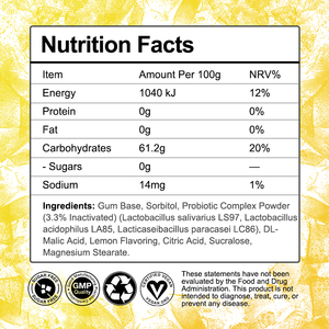 <span class=keywords><strong>Chewing</strong></span>-<span class=keywords><strong>gum</strong></span> Énergisant au Citron en Gros, Supplément Probiotique <span class=keywords><strong>Sans</strong></span> <span class=keywords><strong>Sucre</strong></span> avec 3,3% de Postbiotiques pour une Fraîcheur Quotidienne et un Soutien Immunitaire - Product Image 3