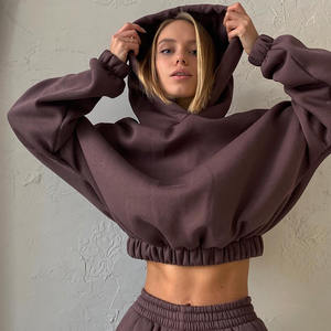 High Quality <b>Women</b> Cropped Hoodie <b>Sweatshirt</b> Soft Cotton 1000 Gsm Elastic Cuff Hem Loose Fit Casual Daily Wear Hoodie - Product Image 1