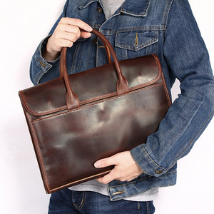 Retro Style Cowhide <b>Briefcase</b> Large Capacity Genuine Leather Business Bag For Men Dark Brown Coffee Color Solid Pattern - Product Image 1