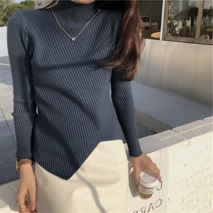 Pull à col haut de style vintage pour femmes couleur unie manches longues tricotées avec ourlet irrégulier Logo avant mode en gros - Product Image 4