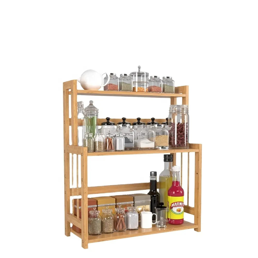 Spice Herb Rack, 3 Tier Bamboo Spice Holder Free Standing with Adjustable Height, Slim Shelf for Bamboo Kitchen Countertop Organ