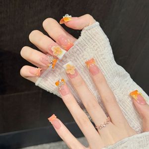 Uñas Acrílicas Y2K al por Mayor, Color Naranja y Rosa Degradado, con Flores 3D y Pedrería, 10 Piezas, Hechas a Mano y Personalizadas - Product Image 2