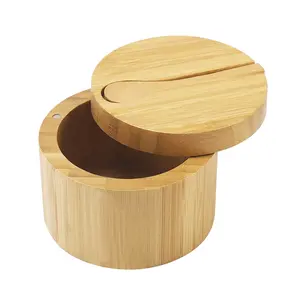 Bamboo Seasonings Box with Mini Spoon Salt Container Wood Pepper Storage Box Spice Cellars For Kitchen