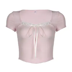 Hot Girls Sweet Lace Stitching Square Collar Bow Waist-tight Knitted Short-sleeved T-shirt Women