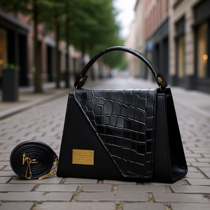 Bolso Mensajero para Mujer Fana Lcela Mina, Negro, Cuero Genuino con Patrón de Cocodrilo, Estilo Minimalista, Cierre de Solapa - Product Image 2